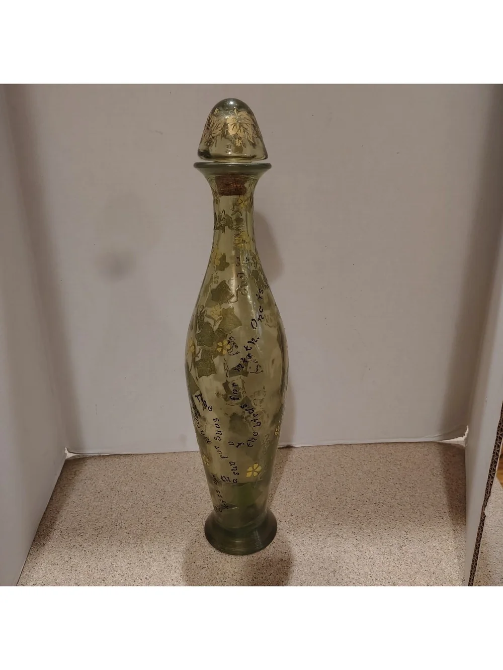 Decorative Olive Green Glass Jeanie Bottle Vase with Floral Motif & Script. MCM